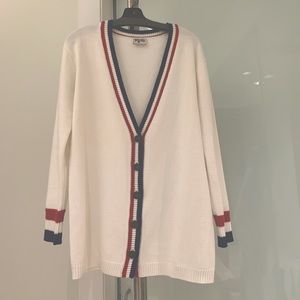 Oversized thick knit cardigan. Americana vibe, cream red and blue.